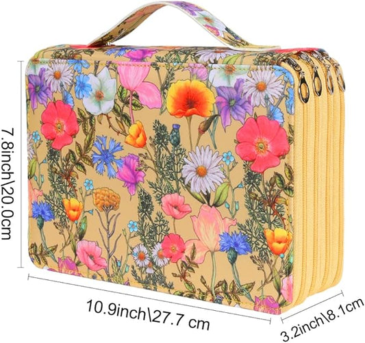 Vomgomfom Colored Pencil Holder - 200 Slots Large Capacity Case with Zipper Closure Twill Fabric, Yellow Flower Pattern for Watercolor Pens, Markers, Artists