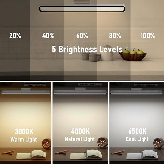 XmnSoly Magnetic Light Bar, 16.5in Rechargeable LED Desk Light Bar with Remote Control, 3000K, 4500K, 6000K Color Temperature Under Cabinet Lighting for Desk, Home Office, Under Shelf