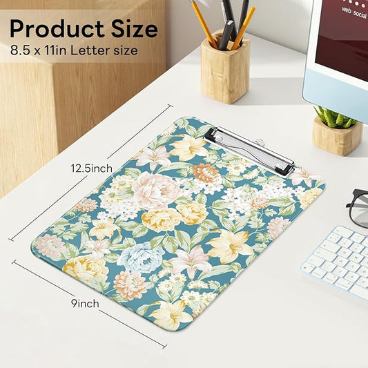 Luminzo Plastic Cute Clipboard Low-Profile Metal Clip, A4 Letter Size 9 x 12.5 in, 8.5 x 11 Paper Clip Board for Teachers, Nurses, Classroom,Blue Crushed Flower