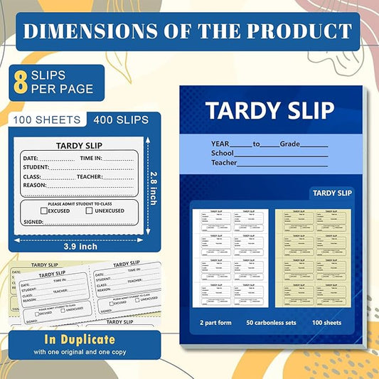 2 Pack 800 Pcs Tardy Slip Book with Carbonless Duplicates Easy Removal Fold and Tear with 3.9 * 2.8inch (Tardy Slips) 2 Part Form Register Book for Student Late Arrival School Supplies Teacher