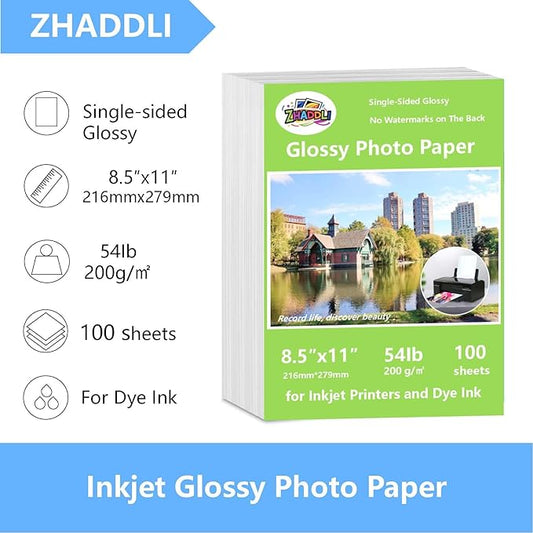 ZHADDLI Inkjet Glossy Photo Paper, 8.5X11 Inches,Pack of 100 Sheets, Compatible with Inkjet Printer Use DYE INK,Glossy Inkjet Paper 200gsm