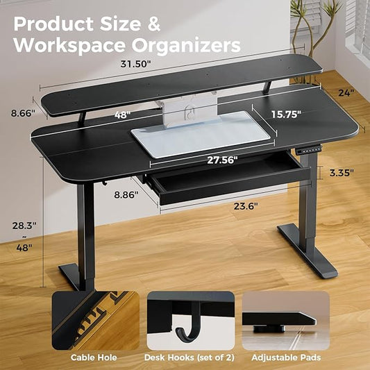 COMHOMA Electric Standing Desk with Drawers, 48 x 24'' Sit Stand up Desk with Monitor Stand, Laptop Stand, Height Adjustable Ergonomic Home Office Computer Desk with Memory Preset Controller (Black)