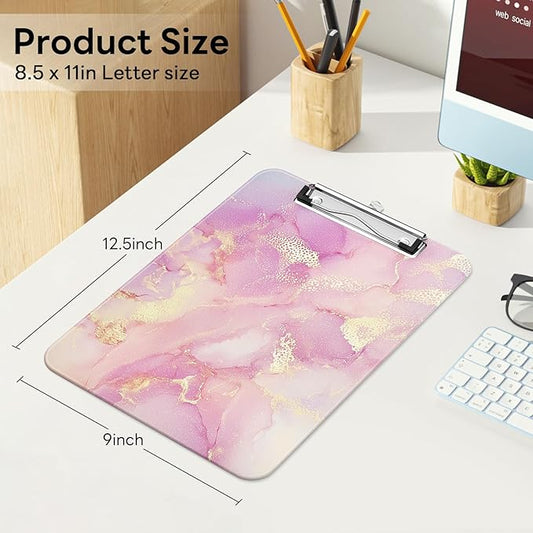 Luminzo Plastic Cute Clipboard Low-Profile Metal Clip, A4 Letter Size 9 x 12.5 in, 8.5 x 11 Paper Clip Board for Teachers, Nurses, Classroom,Pink Gold Marble