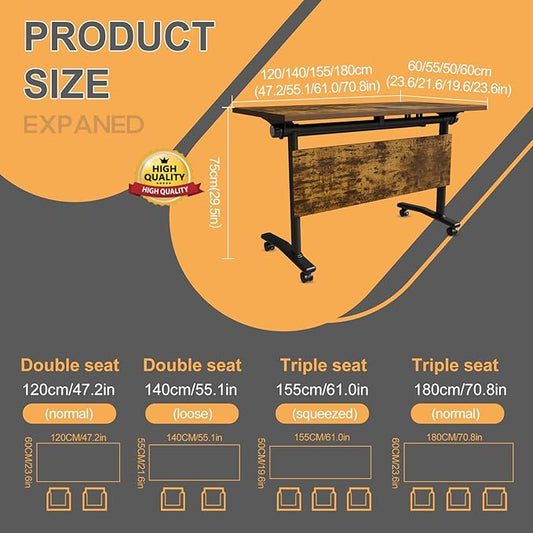 Folding Conference Table 4ft 5ft, Foldable Office Meeting Desk for 6 People, Multiple Sizes Colors Mobile Conference Room Table for Training Room School Business Furniture (2, Brown, 63in)