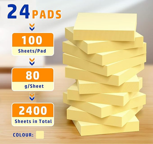 (2400pcs) Yellow Sticky Notes Mini,2 x 2in Small Sticky Notes,24 Pack Notes Pads Memo Pads,100 Sheets/Pad Strong Self-Adhesive Notes Easy to Post for Home, Office, School, Clean Removal