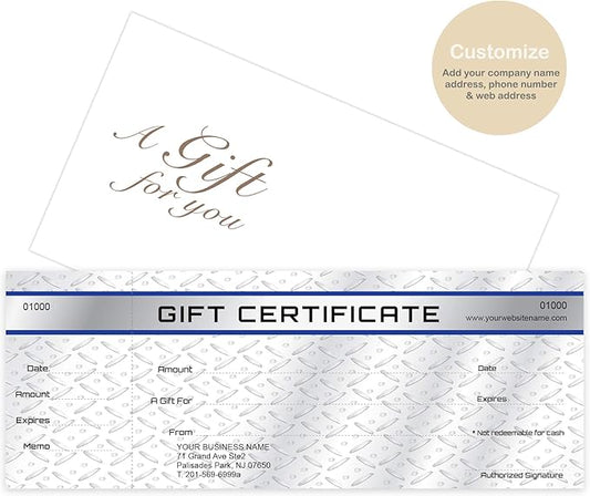 Custom Gift Certificates Cards with Envelopes 100 set - Metal Plate Image- Gift Coupons,Vouchers for Small Business