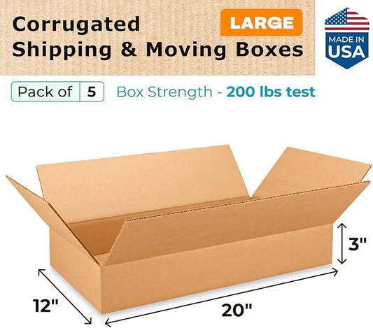 Large Shipping & Moving Boxes 20 x 12 x 3 inches (5-Pack) - Extra Strength 200 lb vs Regular - Corrugated Shipping Boxes for USPS/UPS/FEDEX - Moving Box Large - Box for Moving by IDL Packaging