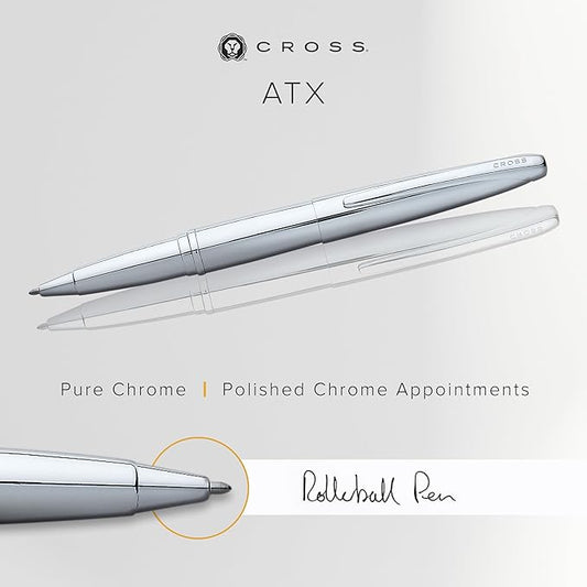 Cross ATX Refillable Rollerball Pen Presented in a Luxury Gift Box - Medium Point, Black Ink, Pure Chrome