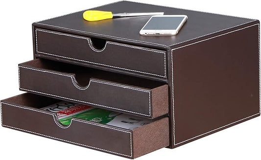 RHCSZ Stackable 3-Drawer Desk Organizer, Executive Office Supplies Desktop Filing A4 File Cabinet/Holder, Leather Storage Box for Document/Paper/Home Decor Accessories (brown)…