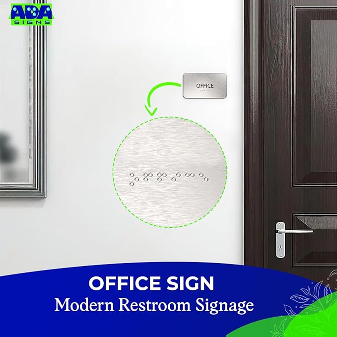ADASigns Office Sign 7āx4ā - Durable Brushed Aluminum with Grade 2 Braille - Easy Installation with Strong Double Sided Adhesive Tape - ADA Compliant office door signs for Businesses & Offices
