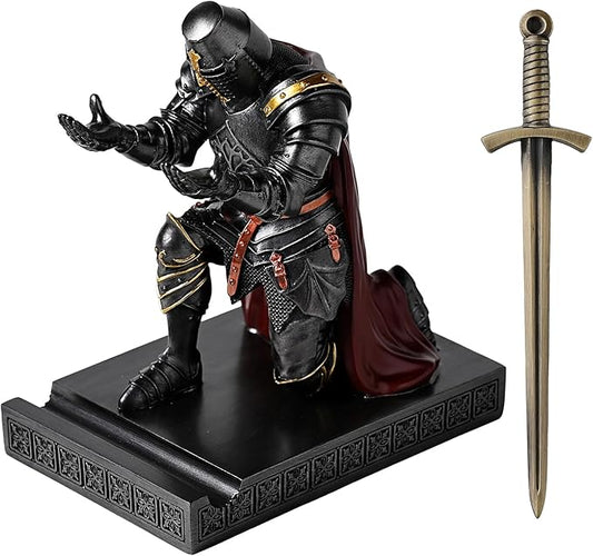 NCQIXIAO Medieval Templar Vanguard Officer Knight Pen Holder Pen Stand Desk Organizers and Accessories Resin Mobile Phone Stand as Gift for Office and Home Desk Organizer (Iron)