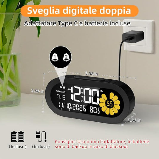 DOOMAY Digital Alarm Clock for Bedroom: Dual Alarm Bedside Clock VA LCD Display with Seconds, 9-Minute Snooze and Weekend Mode, 3 Brightness, 4 Alarms and 3 Volume Levels,Type C & Battery Included