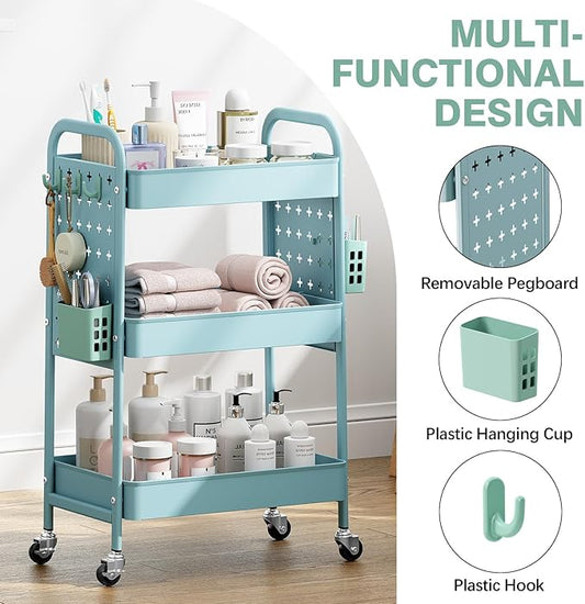 KINGRACK 3 Tier Rolling Cart with DIY Hanging Board, Metal Rolling Utility Cart with Wheels Handles Baskets Hooks, Rolling Storage Cart Suitable for Bathroom, Kitchen, Office, Nursery Diaper(Blue)