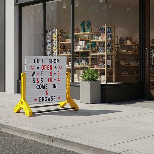 Swinging Changeable Message Sidewalk Sign 36″ x 37″ – Outdoor Advertising Sign Board with 792 Pre-Cut Double-Sided Letters & Storage Box – Heavy-Duty, Rust-Resistant Sidewalk Display for Businesses & Events (Yellow Legs)
