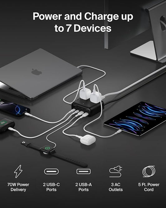 Belkin GaN Charging Station 70W, 7-in-1 Dual USB C Charger w/ 3X AC Outlets, 2X USB A Ports - Power Strip for iPhone, Apple Watch, iPad, MacBook, Chromebook, Samsung Galaxy, Pixel 10, & More - Black