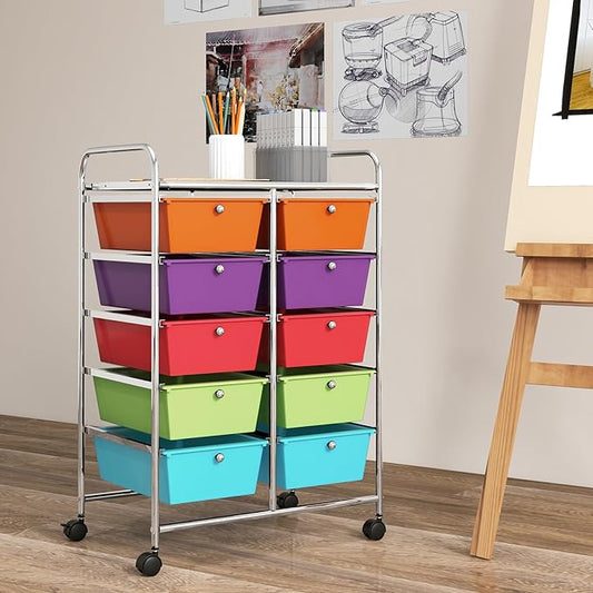 GOFLAME 10-Drawer Rolling Storage Cart, Art Craft Storage Organizer on Wheels, Multipurpose Movable Utility Cart for School, Office and Home, Multicolor