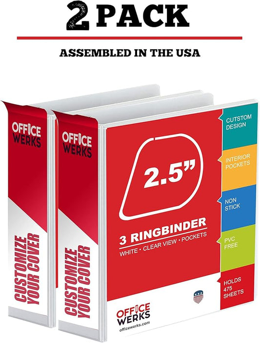 Ring Binder Depot 3, Professional Angle D Ring Binder 2.5 Inch, Presentation Folder for Standard Pages 8.5 x 11 with Pockets, Crystal Clear View White Binder (2 Pack)