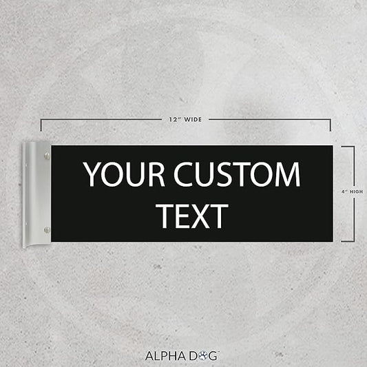 ALPHA DOG SIGNS Custom Projecting Hallway Nameplate, 4"x12" Double-Sided Business Sign, Personalized 2-Line Text, Indoor Outdoor, Easy Install, Durable, Made in USA (Black)