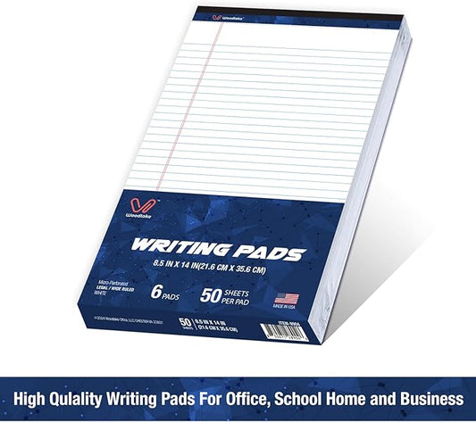 Woodlake Legal Pads 8.5 "x 14" – 6‑Pack, Wide Ruled, Premium White Paper Pad No ink Bleed, Micro‑Perforated Writing Pads,50 Sheets, Legal Size Note pads for School, Office & Home, Made in USA