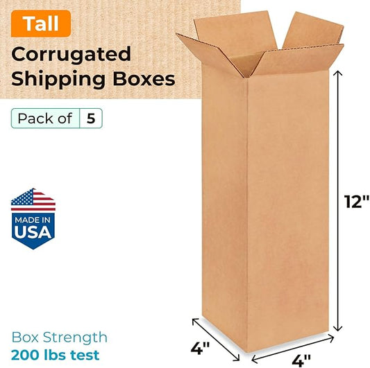 Tall Moving & Shipping Boxes 4 x 4 x 12 inches (5-Pack) - Extra Strength 200 lb vs Regular - Corrugated Moving Boxes for USPS/UPS/FEDEX - Box for Packaging Moving - Shipping Box by IDL Packaging