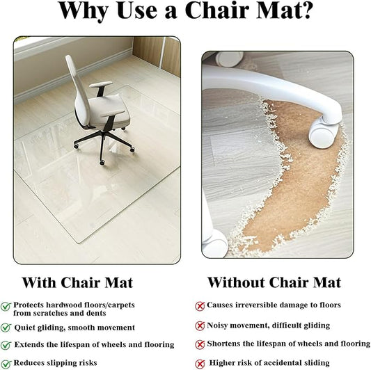 Koonmi Tempered Glass Chair Mat for Hardwood Floors & Carpets, 55" x 55“ Transparent Heavy Duty Office Floor Protector with Noise-Free Gliding Shatterproof for Home Office Desk