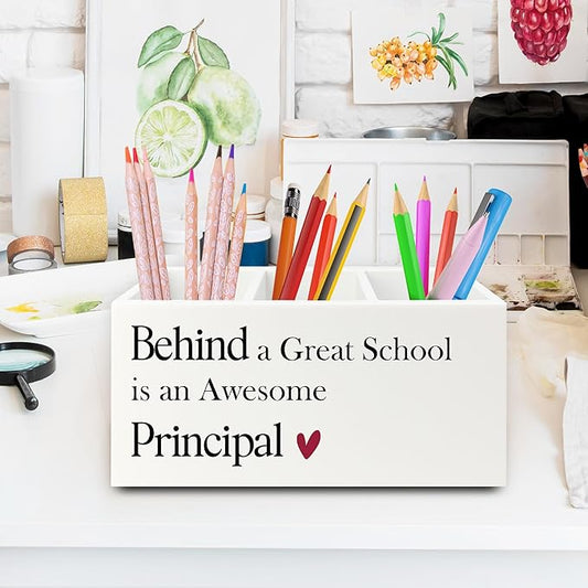 XPH Principal Gifts Pen Pencil Holder Organizer for Desk, Gifts for Principals Women Men, Behind a Great School Is an Awesome Principal Wooden Box Sign for Office Workplace Desk Tabletop Decorations