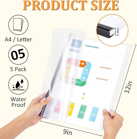 5 Pack Report Covers with Sliding Bar - Clear Plastic Presentation Folders for A4 & Letter Size Paper, 70 Sheet Capacity File Document Binder for School, Office, Resume & Business Use