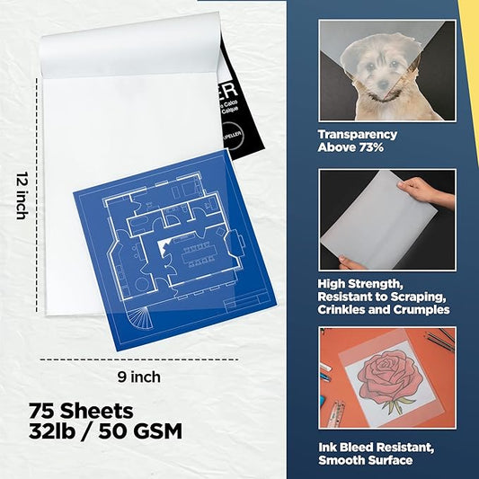 LOUPELLER 9” x 12” Tracing Paper Pad – 75 Sheets of 32lb 50g – Wrinkle Free Highly Transparent Tracing Paper for Drawing – Works with Pen, Pencil & Marker – for Artists, Architects & Kids