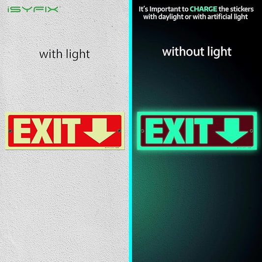 iSYFIX Exit Signs with Directional Down Arrow - 12 Pack 12x4 Inch Glow in the Dark for Business, School, Office, Warehouse - Durable 40 Mil Polystyrene, UV Laminated, Waterproof, Scratch & Fade Resistant