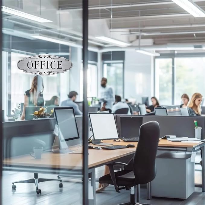 The Office Door Sign for Home and Business,Self-Adhesive Waterproof Brushed Silver Modern Office Sign Sticker for House,Business,Door, Window