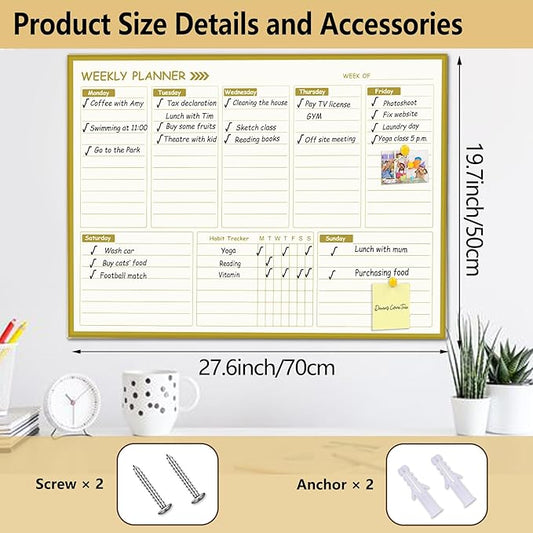Large Weekly Dry Erase Board for Wall,20"x28",Gold Aluminum Frame Magnetic Weekly Planner Whiteboard for to Do List, Memo, School, Home, Office, Kitchen