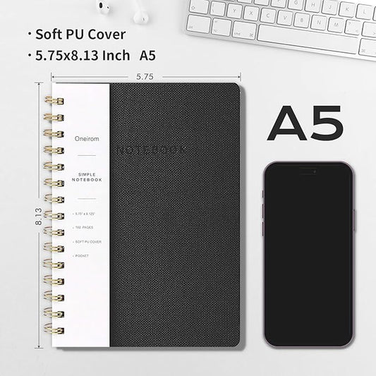 Spiral Notebook-5.75" x 8.125" College Ruled Journal with Inner Pockets and 160 Pages,PU Leather Cover Business Journal, Twin-Wire Binding Notebook Perfect for Office & Home School Supplies 3 pack Black