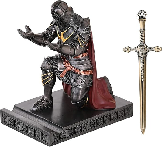 HDMbigmi King's Guard Leader Cloak Warrior Knight Pen Holder Mobile Phone Stand, Ornament Knight Statue, Pen Stand Paperweight for Office and Home (Iron)