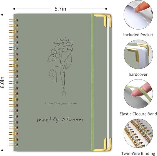 Undated Weekly Planner with Metal Corner Hardcover Notebook , A5 Size Journal with To Do List Planner, Habit Tracker,Weekly Goals for ADHD,Student, Office, Women, Men ,Gifts,6 x 8 inches,Spiral Bindding ,Green