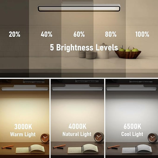 XmnSoly Desk Light Bar, 16.5in Magnetic Rechargeable LED, 3000K, 4500K, 6000K Color Temperature Under Cabinet Lighting for Desk, Home Office, Under Shelf