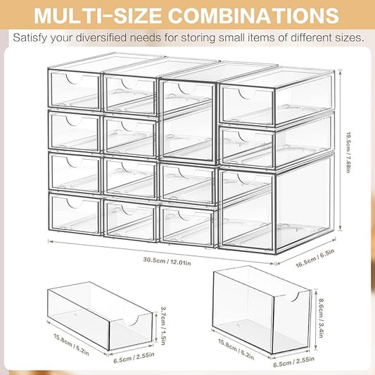 Desk Organizer with 14 Drawers, FODIENS 14 Packs Acrylic Stackable Desktop Storage Drawer Makeup Organizer, Clear Craft Storage Box Cabinets for Office Vanity Countertop Bathroom Bedroom