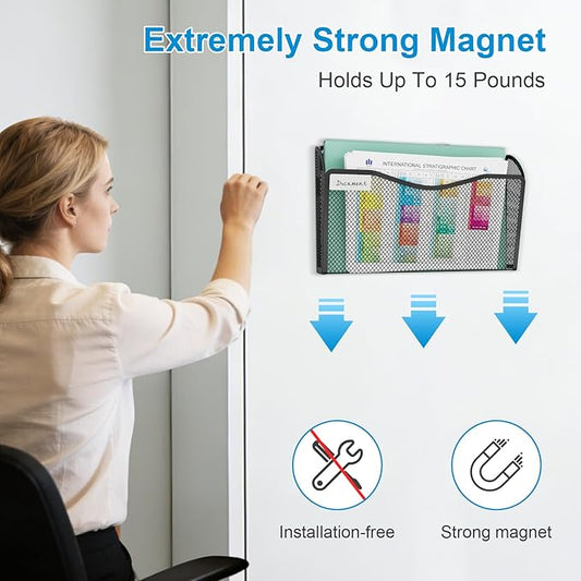 BOHDK Magnetic Wall File Holder 3-Pack - Mesh Organizer with Strong Magnets for Office, Home & School - Space Saving Black Document Organizer