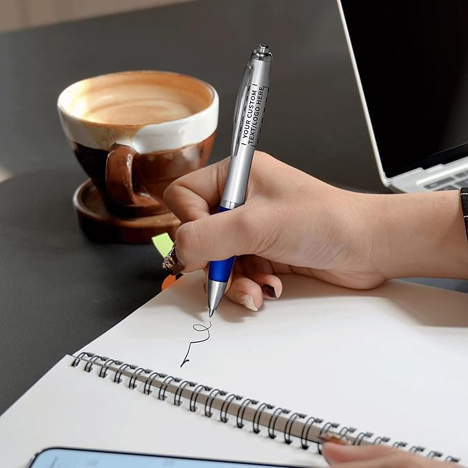 DISCOUNT PROMOS Personalized Ballpoint Pens With Rubber Grip, 100 pack Customizable Ergonomic Click-to-Write Custom Writing Pens for School with Black Ink, Blue