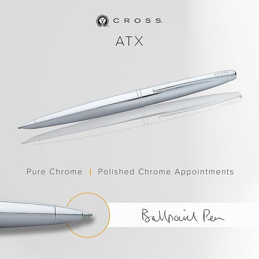 Cross ATX Refillable Ballpoint Pen Presented in a Luxury Gift Box - Medium Point, Black Ink, Pure Chrome