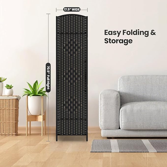 Cocosica 4 Panel Room Divider,6Ft Folding Privacy Screen,Tall - Extra Wide Foldable Panel Partition Wall Divider with Diamond Double-Weaved Hand-Woven Design Room Screen Divider(Black)