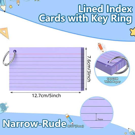 Ciphyfee Index Cards 3x5 Inch With Ring, 300 Count, Ruled Purple Index Card, 180GSM Flash Cards College Ruled for Students, Teachers, Study Note Card for Office, Home, School, Office