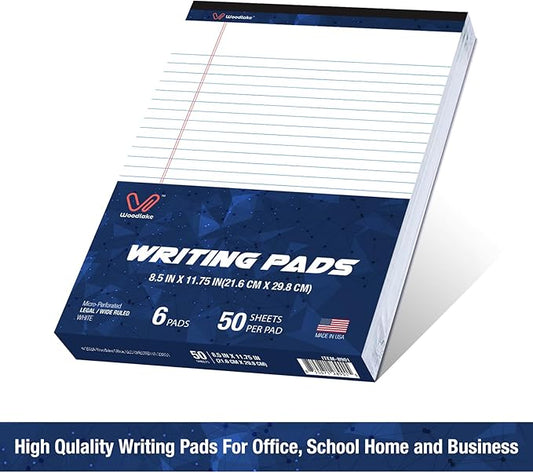 Woodlake Legal Pads 8.5 x 11, 6 Pack, Wide Ruled, Premium White Paper Pad No Ink Bleed, Micro‑Perforated, Sturdy Chipboard Back, 50 Sheets/Pad,for School, Office & Home, Made in USA