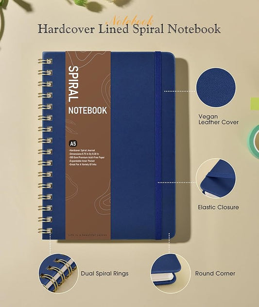Dotted Spiral Journal Notebook, A5 Hardcover Spiral Journals for Women Men, 100 GSM Dot Grid Paper Notebooks, 150 Pages Spiral Bullet Dotted Notebook for Writing Note Taking 5.75" x 8.38", Navy Blue