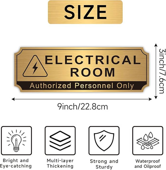 Electrical Room Sign for Business Door,Self-Adhesive Durable Brushed Gold Electric Closet Room Sticker for Home, UV and Weather Resistant Authorized Personnel Only Signs for Business ,Workplace