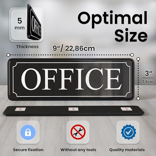 MolnijaPro - The Office Door Sign for Your Home and Business with Bigger Letters - Bright Acrylic Self-Adhesive Sign 9×3 in with Double Sided 3M Tape - Quick and Easy Installation Without Any Tools