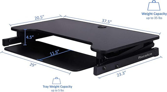 Rocelco 37.5" Deluxe Height Adjustable Standing Desk Converter with Anti Fatigue Mat BUNDLE - Quick Sit Stand Up Computer Workstation Riser - Large Retractable Keyboard Tray - Black (R DADRB-MAFM)