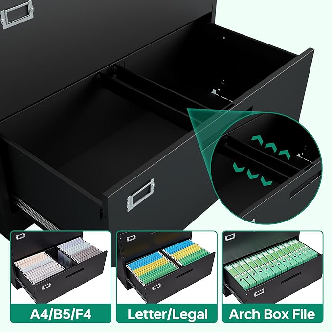 Letaya 5 Drawer File Cabinet with Lock,Metal Lateral Filing Cabinets for Home Office Hanging Files Letter/Legal/F4/A4 Size(Black-Requires Installation)