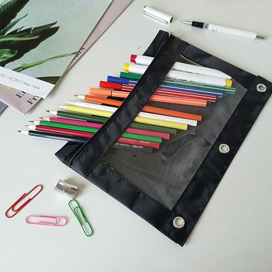 YoeeJob Pencil Pouch for 3 Ring Binder, Binder Pouches with Zipper Bulk, Pen Holder Case with Clear Window School Class Office Organizers, 24 Pack, Black