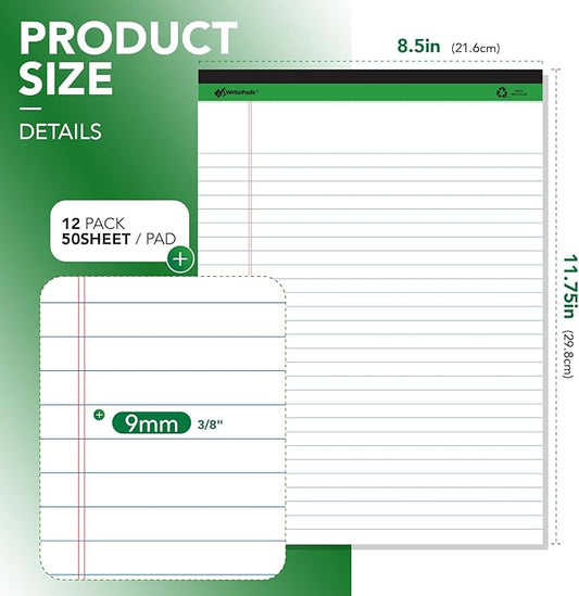 KAISA Legal Notepads 8.5"x11.75",12pads note pads Writing Pads Recycled Paper, Wide Ruled Perforated 50 sheets Hard Back Notepads 8-1/2"x 11-3/4" Writing Tablet Canary For Office Supplies (Pack of 12pc) KSU-5293