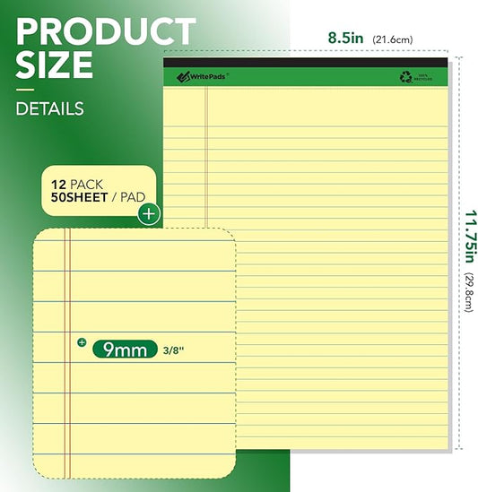 KAISA Legal Notepads 8.5"x11.75",12pads note pads office supplies Recycled Paper 8.5"x11.75" Wide Ruled 50 sheets Hard Back Notepads 8-1/2"x 11-3/4" Writing Tablet Canary For Office Supplies (Pack of 12) KSU-5668
